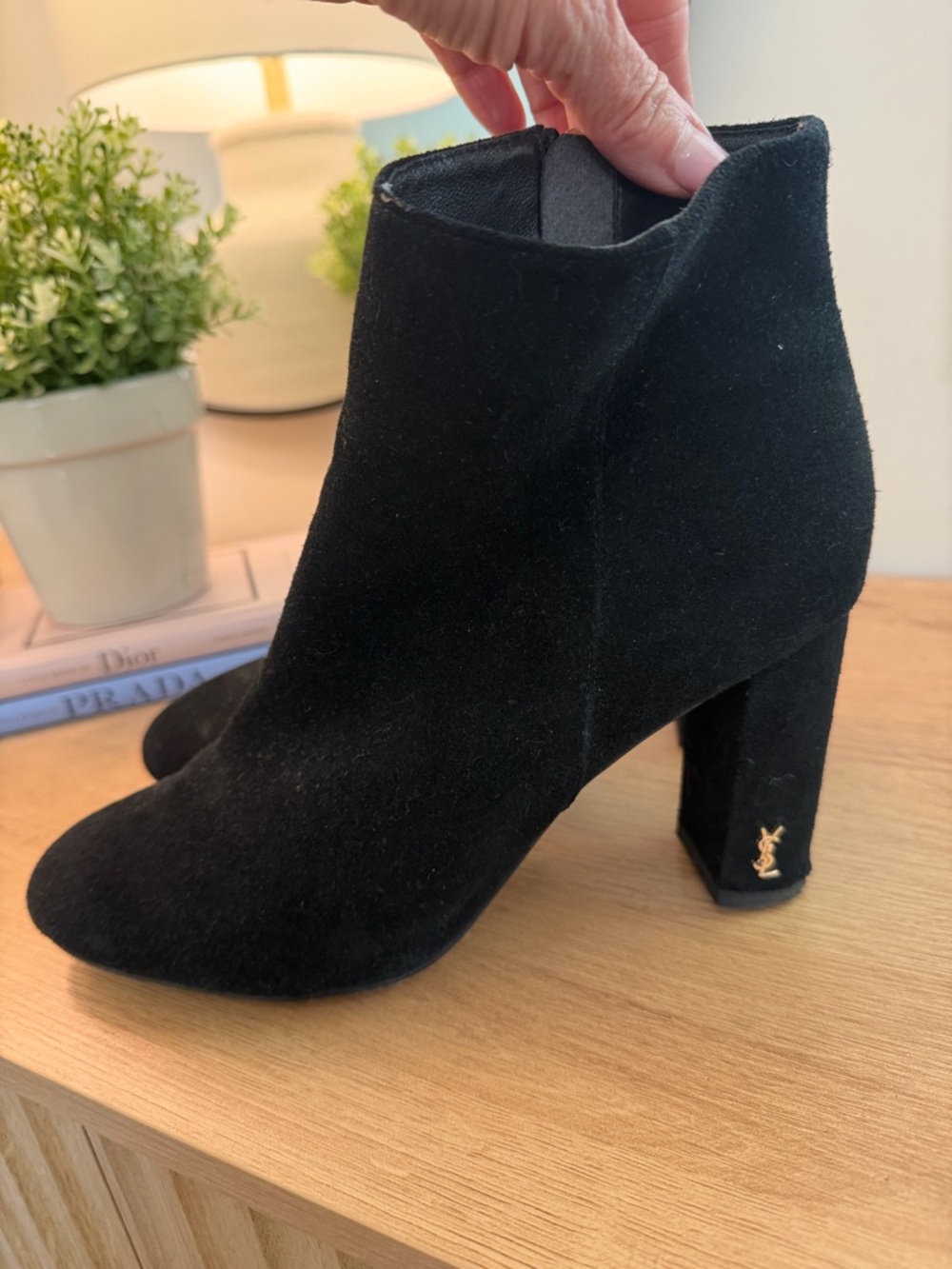 Yves Saint Laurent Black Suede Ankle Booties with Gold Logo - Picture 3 of 6